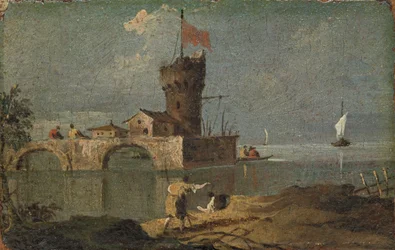 Capriccio avec une tour circulaire, deux maisons et un pont, 18ème siècle
