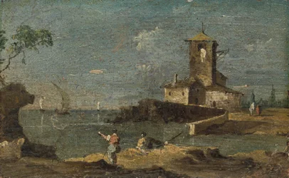 Capriccio avec une tour carrée et deux maisons