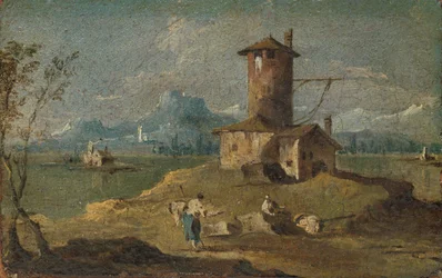 Capriccio avec une île, une tour et des maisons