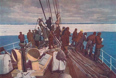 Le navire du capitaine Scott, le Terra Nova, entrant dans la banquise des régions polaires sud, vers 1910-192, 1936