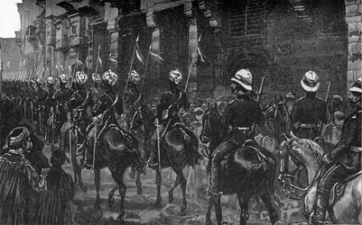 Démonstration de cavalerie dans le quartier arabe, Le Caire, vers 1882-85