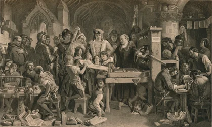 Caxton montrant le premier spécimen de son impression au roi Édouard IV à Westminster, vers 1477
