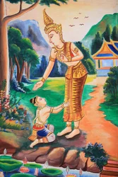Œuvre de plafond représentant la vie de Bouddha