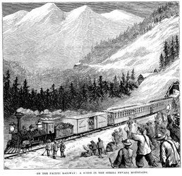 Chemin de fer du Pacifique central dans les montagnes de la Sierra Nevada, vers 1875