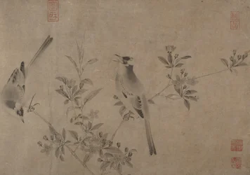 Bulbuls chinois sur un pommier en fleurs