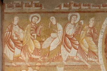Église Saint-Martin. Intérieur. Peintures murales (fresque). Mur ouest de la nef. (détail). Apôtres. 12ème siècle.