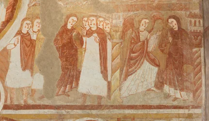 Église Saint-Martin. Intérieur. Peintures murales (fresque). Mur ouest de la nef. (détail) Accusation et annonciation de la Vierge. XIIe siècle.