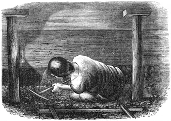 Mineur de charbon travaillant dans une veine étroite, vers 1864
