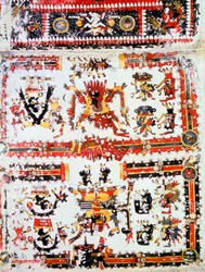Codex Borgianus montrant des divinités confrontées, Mixtec, Mexique précolombien, 12e-16e siècle