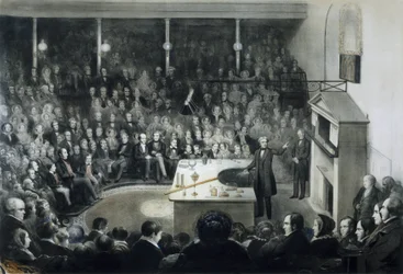 Conférence du physicien Michael Faraday (1791-1867) devant la Royal Institution de Londres le 27 décembre 1855 en présence du Prince Albert de Saxe-Cobourg-Gotha