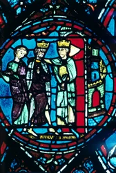 Constantin salue Charlemagne à Constantinople, vitrail, cathédrale de Chartres, France, c1225
