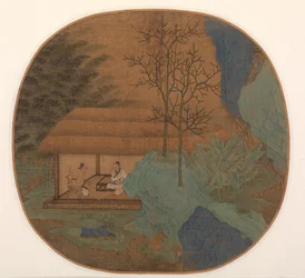 Conversation dans une hutte de chaume, fin 1200s