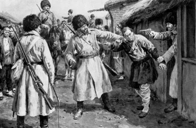 Cosaques cherchant des espions japonais dans un village mandchou, guerre russo-japonaise, 1904-5