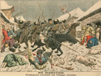 Les cosaques terrorisent un village coréen, guerre russo-japonaise, 1904