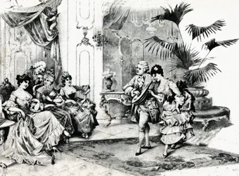 Danse de cour en costume Rococo. vers 1900