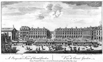 Covent Garden, Londres, montrant les étals au centre de la place, 1753