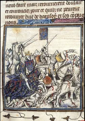 Croisés et Sarrasins combattant pendant la Troisième Croisade. Des Chroniques de France ou de St Denis, après 1380