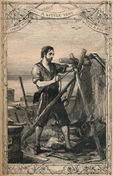 Crusoe fait une petite tente avec une voile, vers 1870