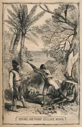 Crusoe et Vendredi abattant du bois, vers 1870