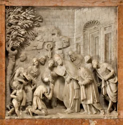 Crypte, Arche des Saints Marcellin et Pierre Exorciste, La conversion du geôlier Artemio, Cathédrale de Santa Maria Assunta, Crémone, Lombardie, Italie (photo)
