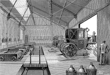 Dépôt où les taxis électriques parisiens étaient équipés de batteries fraîchement chargées, 1899