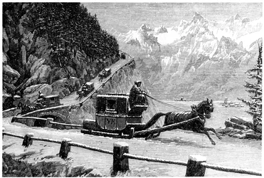 Descente du col du Mont Cenis en hiver en traîneau tiré par des chevaux