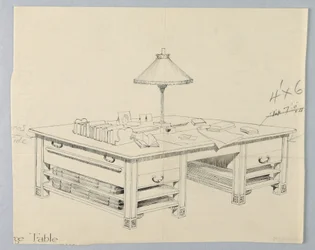 Conception pour une table de bibliothèque massive avec deux étagères ouvertes de chaque côté, 1900-1905