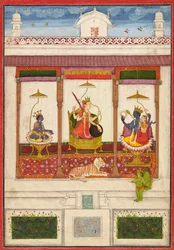 Devi avec Krishna et Vishnu dans un palais, vers 1645-1655