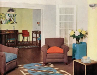 Salle à manger et salon dans un appartement londonien reconstruit pour Mme Harry Ewbank à Bryanston Court