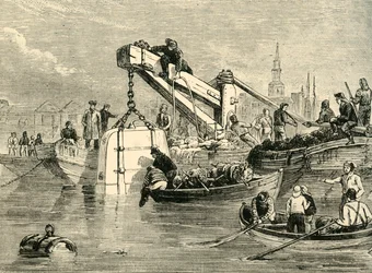 Cloche de plongée utilisée dans la construction du tunnel de la Tamise, vers 1878