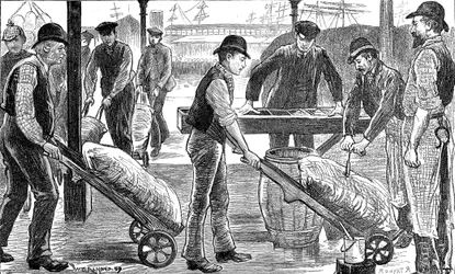 Déchargement de sucre aux West India Docks, Londres, 1889