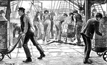 Déchargement de thé aux docks de Londres, 1889
