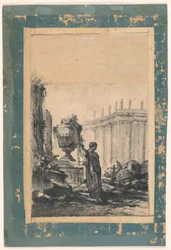 Dessin, Fantaisie Architecturale avec Vase, Hermès et Colonnade, milieu du XVIIIe siècle