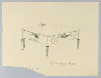 Dessin, Design pour une table de bibliothèque avec niche latérale et variation de pied indiquée