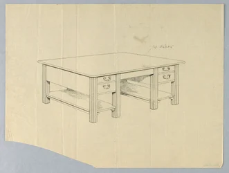 Dessin, Design pour une table de bibliothèque massive avec pieds cannelés carrés et étagères ouvertes