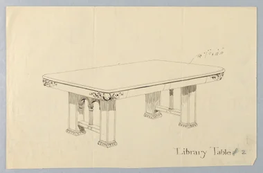 Dessin, Design pour une table de bibliothèque rectangulaire #2 avec visages de putti sculptés sur chaque coin arrondi