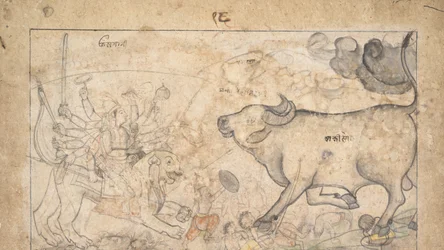 Durga confronte le démon-buffle Mahisha : Scène du Devi Mahatmya, vers 1780