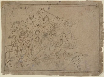 Durga, Kali, et les Matrikas combattent le démon Raktabija : Scène du Devi Mahatmya, vers 1780
