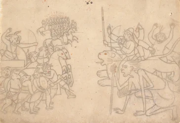 Durga et Kali Approchent les Armées Rassemblées de Chanda et Munda... le Devi Mahatmya, vers 1780