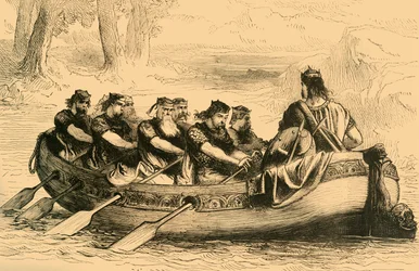 Edgar le Pacifique étant ramé sur la rivière Dee par huit princes tributaires, vers 1890