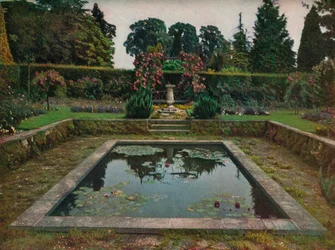 Jardin clos et bassin de nénuphars à Gatton Park, Surrey, 1914