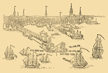 Navires de guerre anglais à Boston où a eu lieu la Tea-Party en 1768, c1930