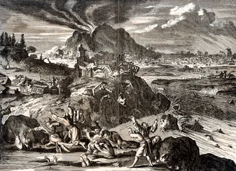 Éruption de Shirane-san et tremblement de terre à Edo Tokyo, Japon, 1650