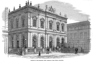 Vue extérieure de la Banque nationale, Glasgow, Écosse, vers 1850