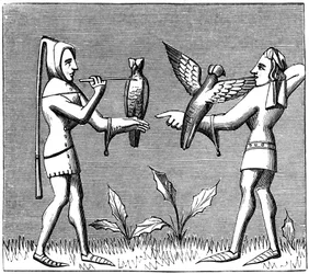 Fauconniers habillant leurs oiseaux, 14ème siècle 1849