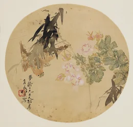 Peinture sur éventail - Fleur et oiseau, XIXe siècle