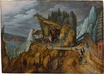 Paysage rocheux fantastique avec la Tentation de Saint Antoine