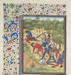 Combat dans un bois entre chrétiens et sarrasins. Miniature de l