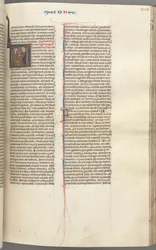 Fol. 205r, Job, initiale historiée V, Job sur le tas de fumier recevant une boucle d