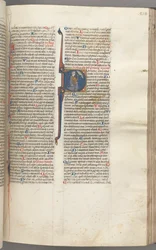 Fol. 218r, Psaume 26, initiale historiée D, David à genoux pointant ses yeux, le buste de Dieu...